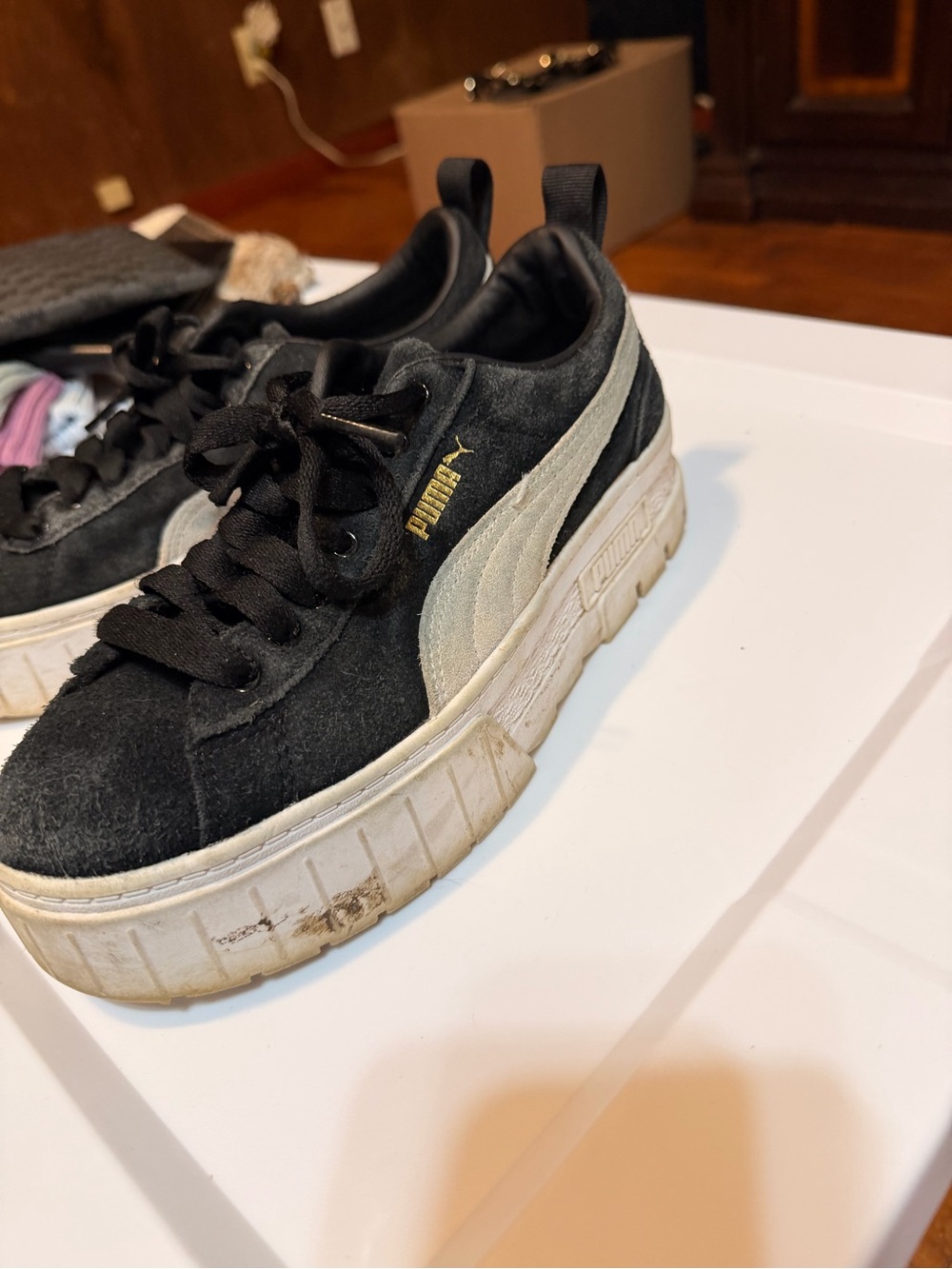 Puma Black Suede Platform Sneakers with White Formstripe